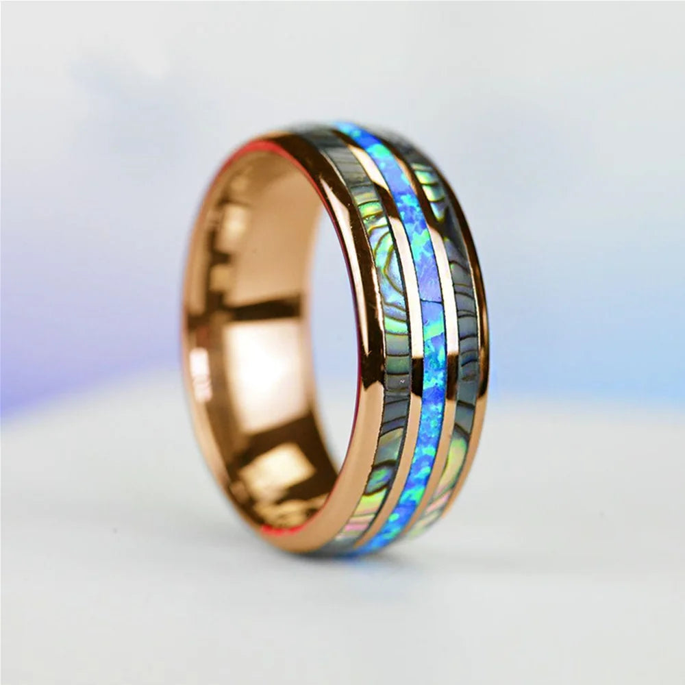 Rose Gold Color Tungsten Stainless Steel Shell Blue Opal Ring