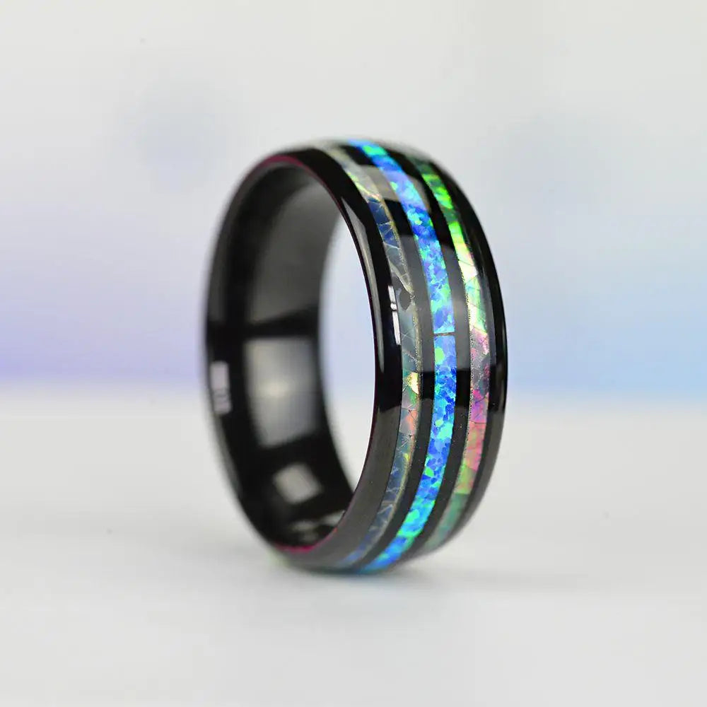 Rose Gold Color Tungsten Stainless Steel Shell Blue Opal Ring