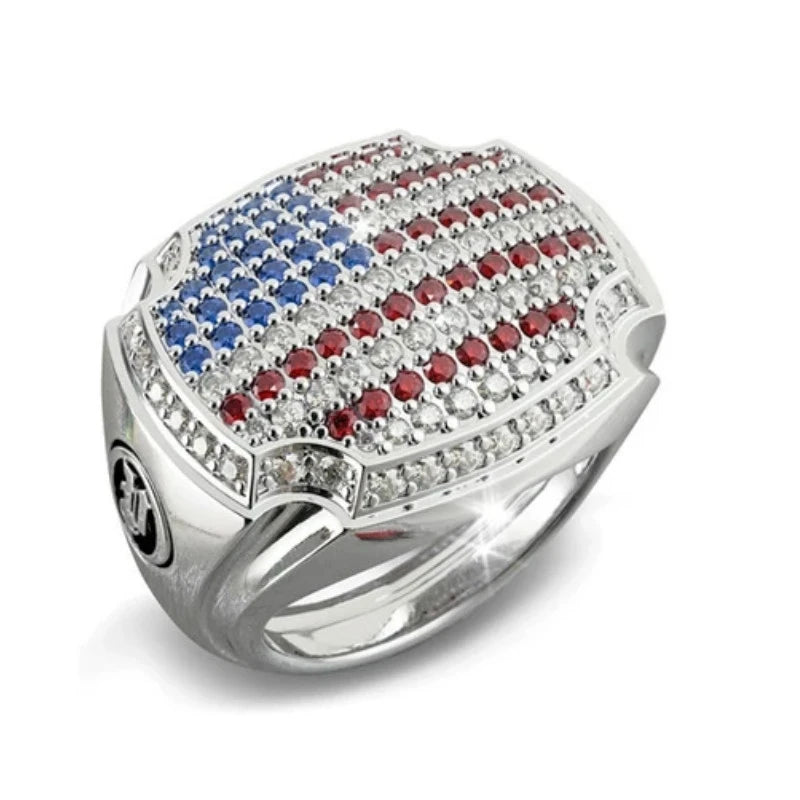 America National Flag Blue and Red  Zircon  Ring