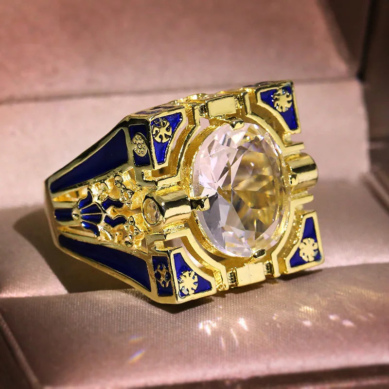 Enamel Blue Stripes Vintage 18K Gold Plated Ring