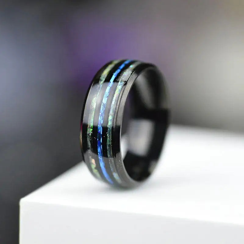 Rose Gold Color Tungsten Stainless Steel Shell Blue Opal Ring