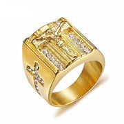 18K Gold Plated Vnox Punk Jesus Christ Cross Chunky Ring