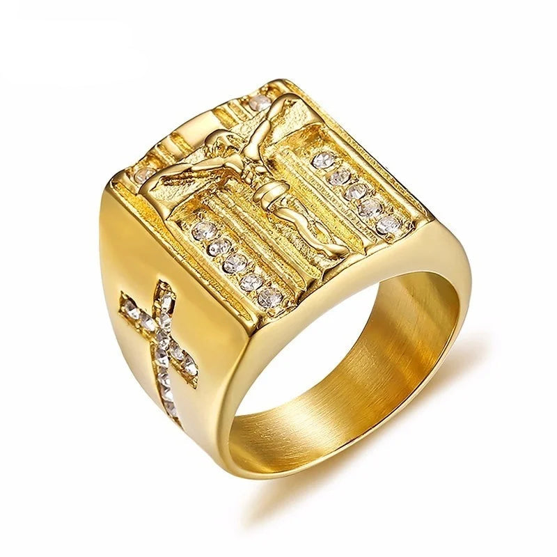 18K Gold Plated Vnox Punk Jesus Christ Cross Chunky Ring