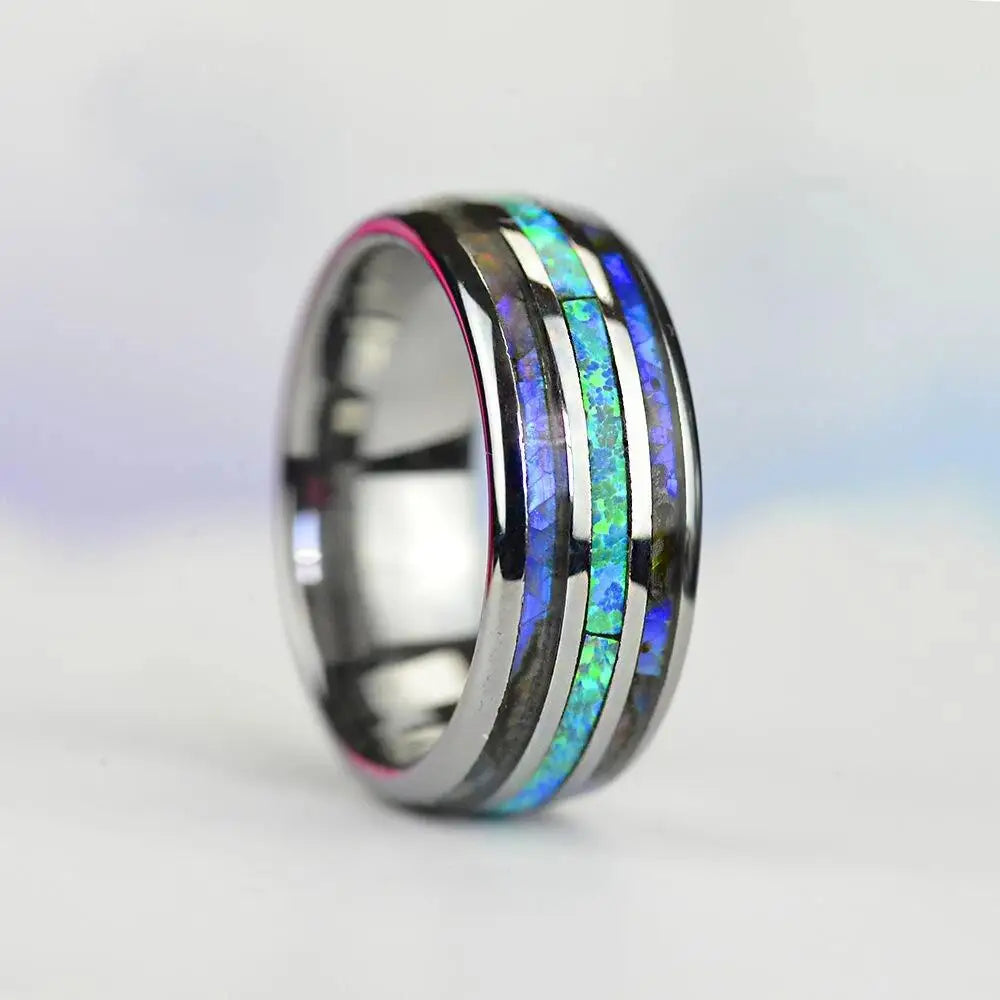 Rose Gold Color Tungsten Stainless Steel Shell Blue Opal Ring