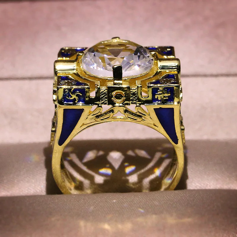 Enamel Blue Stripes Vintage 18K Gold Plated Ring
