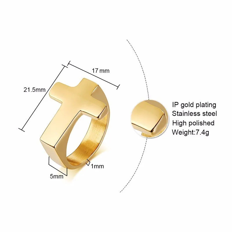 18k gold plated Cross & black/silver Flat Top Ring