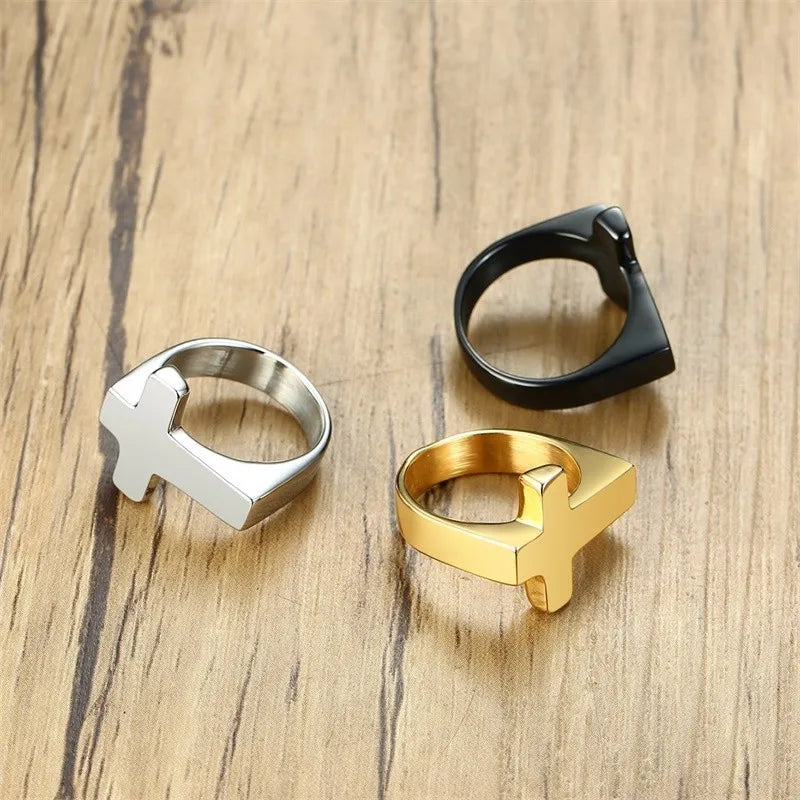 18k gold plated Cross & black/silver Flat Top Ring