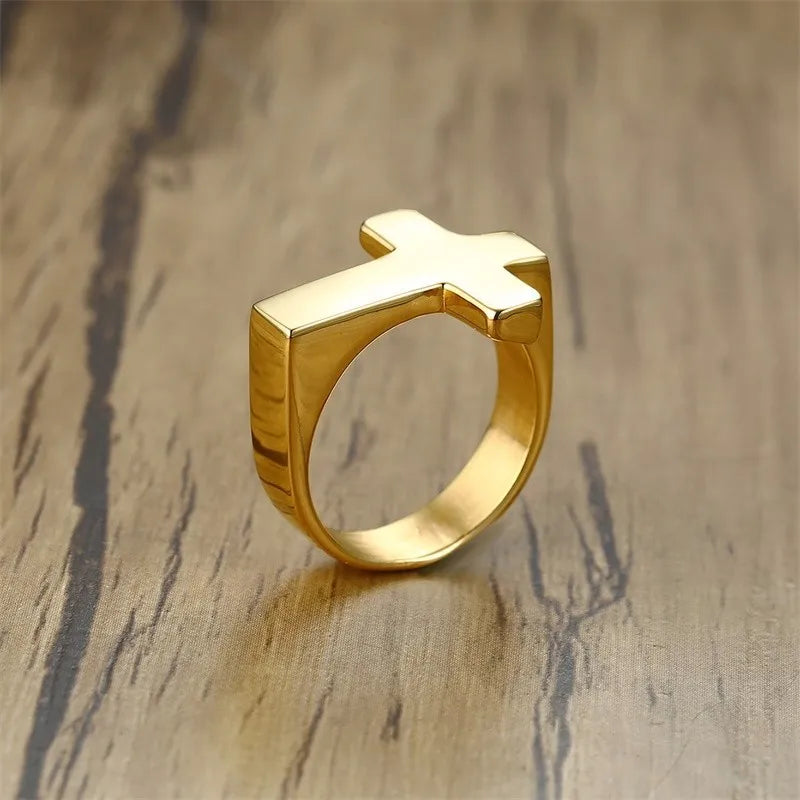 18k gold plated Cross & black/silver Flat Top Ring