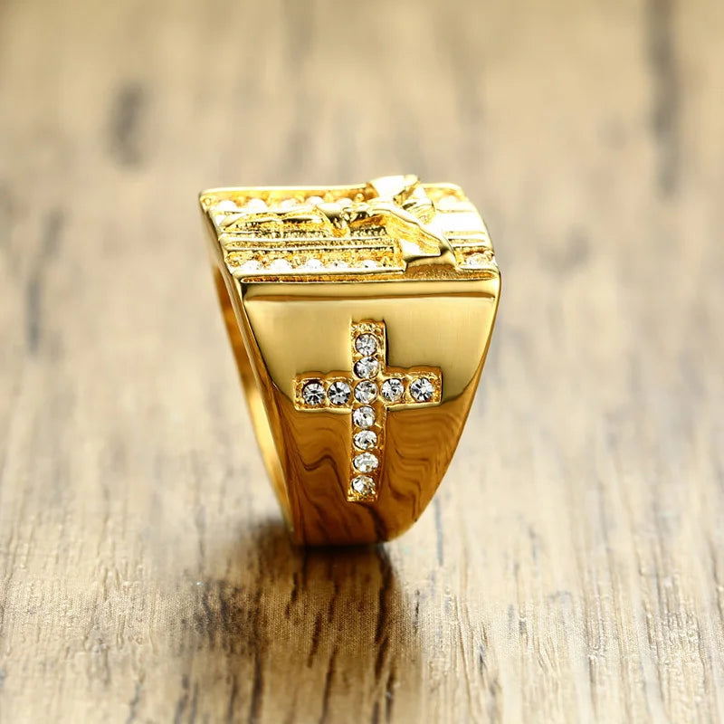 18K Gold Plated Vnox Punk Jesus Christ Cross Chunky Ring