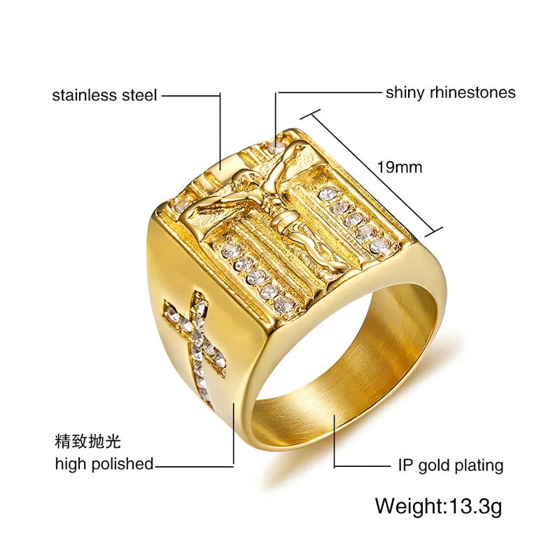 18K Gold Plated Vnox Punk Jesus Christ Cross Chunky Ring