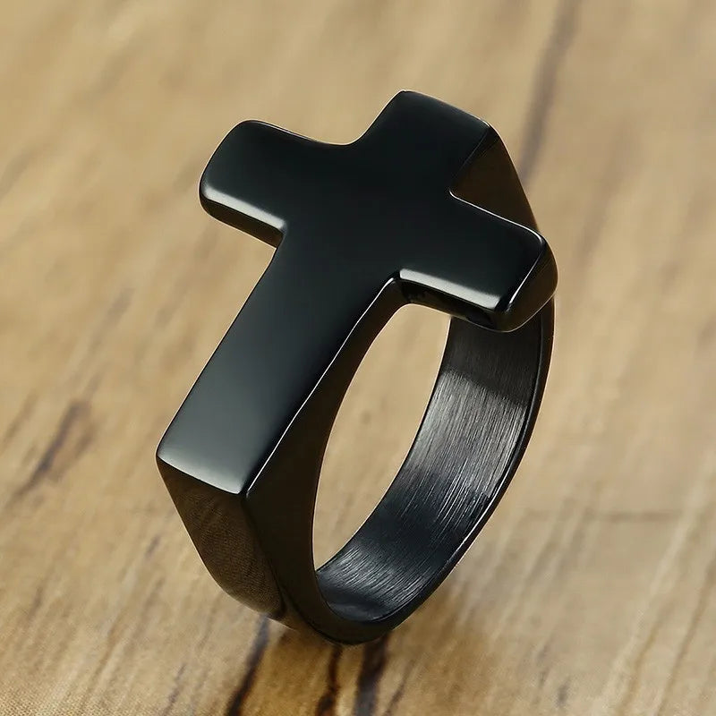 18k gold plated Cross & black/silver Flat Top Ring
