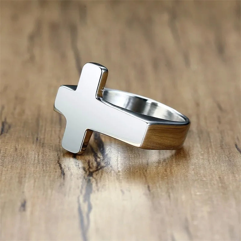 18k gold plated Cross & black/silver Flat Top Ring