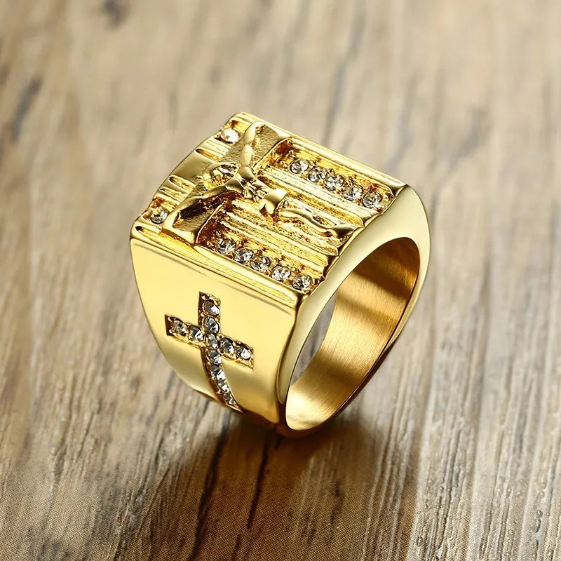 18K Gold Plated Vnox Punk Jesus Christ Cross Chunky Ring