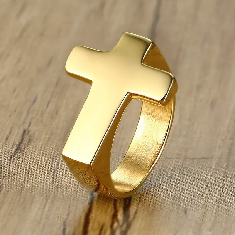 18k gold plated Cross & black/silver Flat Top Ring