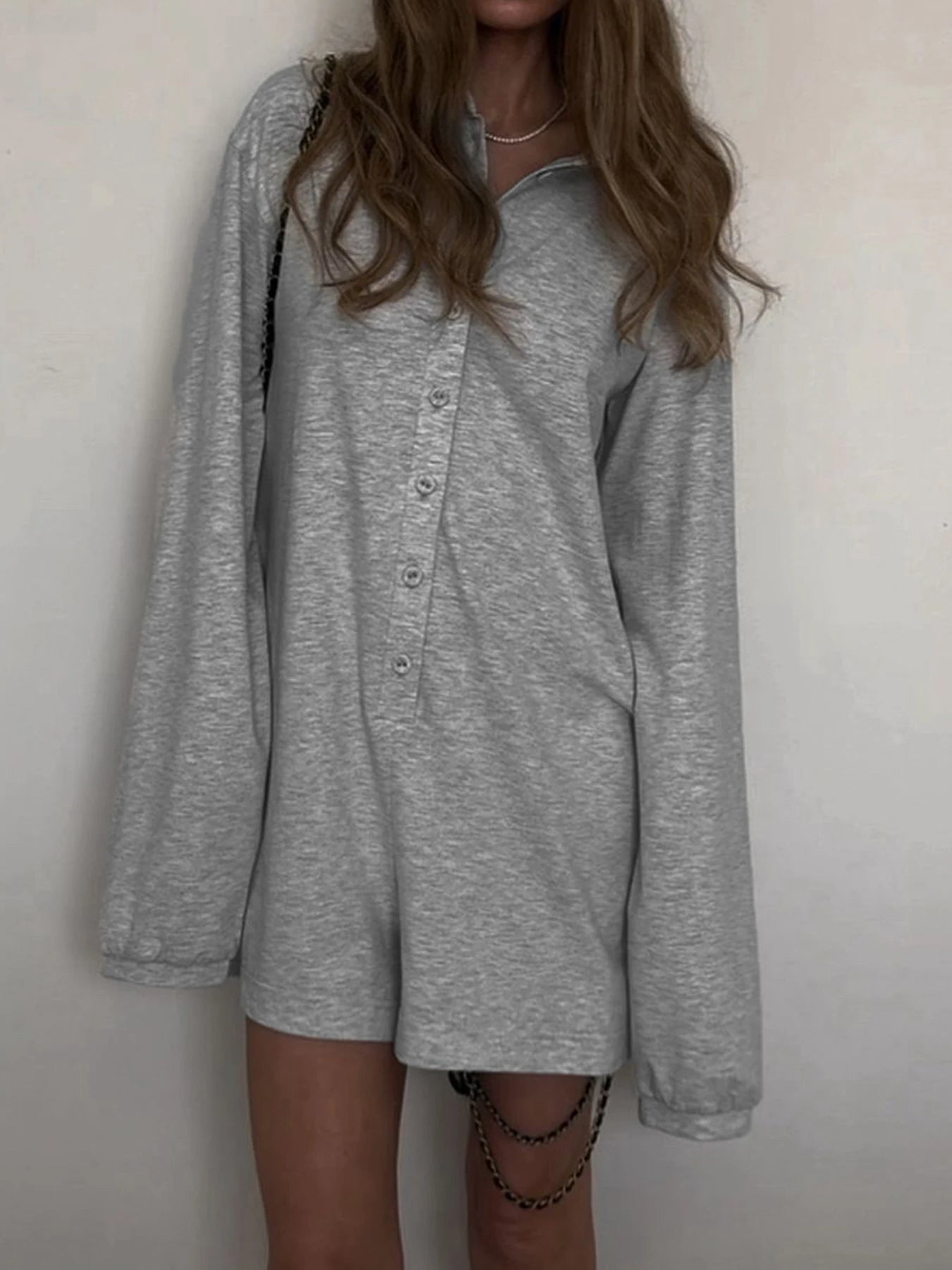 Grey Loose Rompers Fashion Button Up Full Sleeve suit