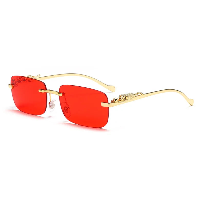 Rimless Rectangle Vintage Metal Leopard Head Sunglasses
