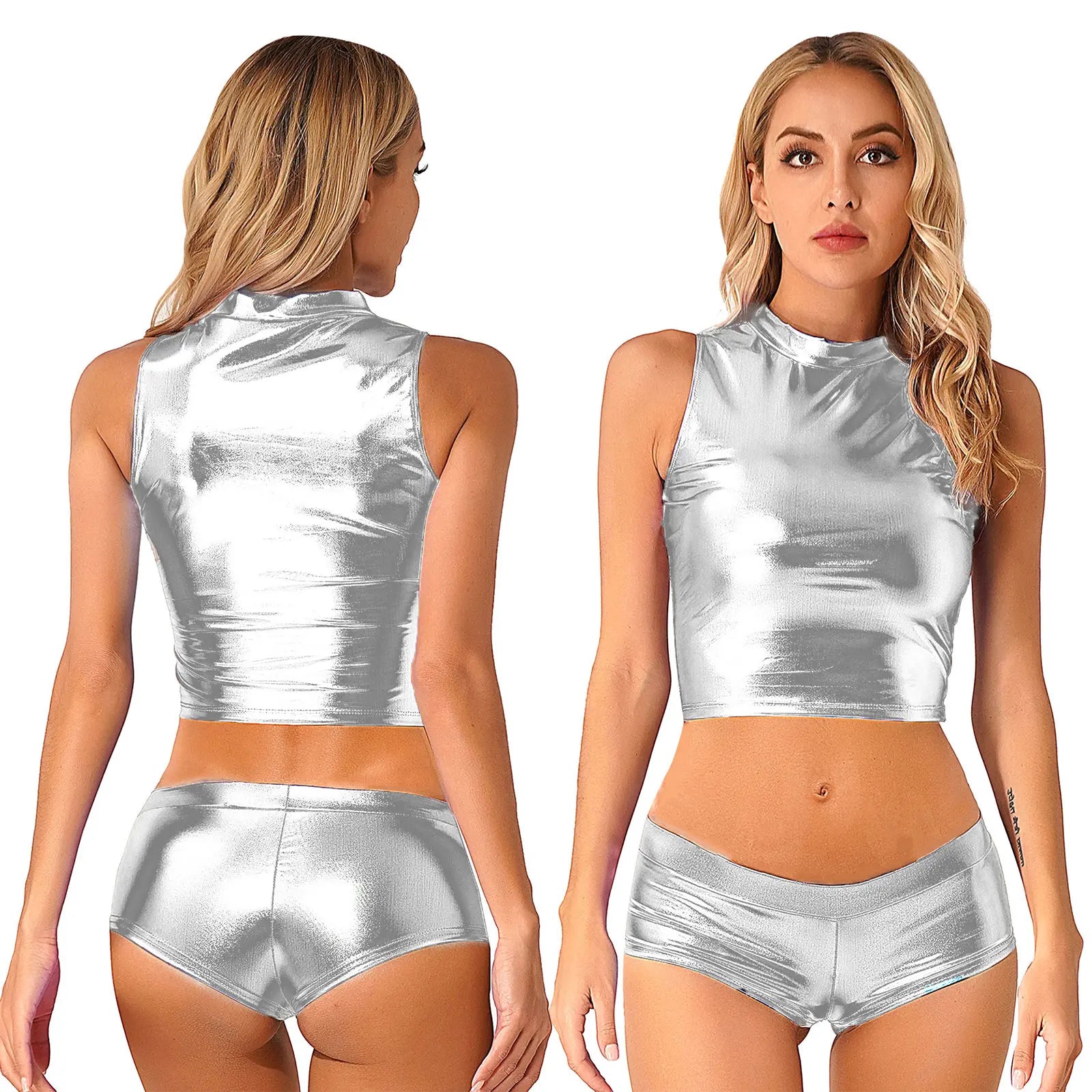 Metallic Mock Neck Crop Top & Hot Shorts