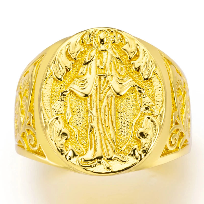 18K Gold Plated Virgin Mary Handmade Carved Religious Rings