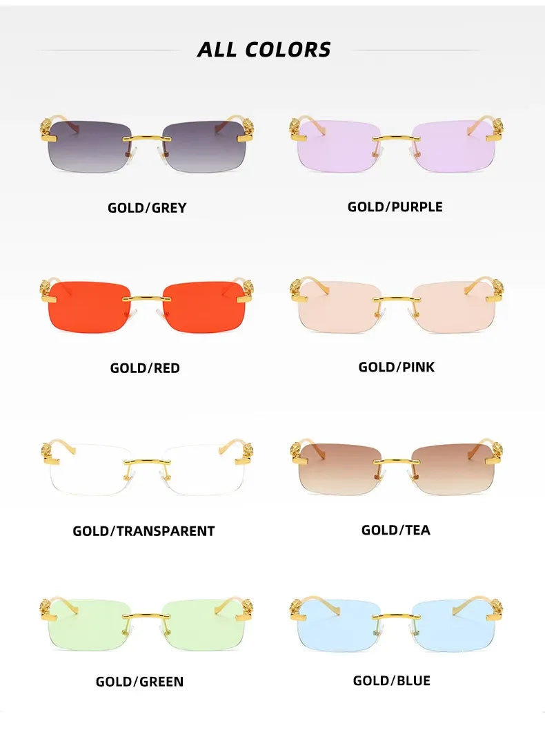 Rimless Rectangle Vintage Metal Leopard Head Sunglasses