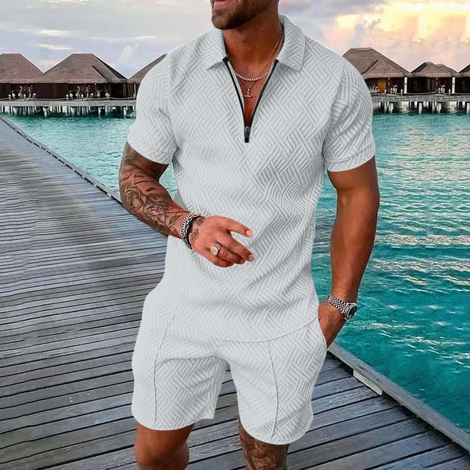 V-neck Zipper Short Sleeve POLO Shirt & Shorts