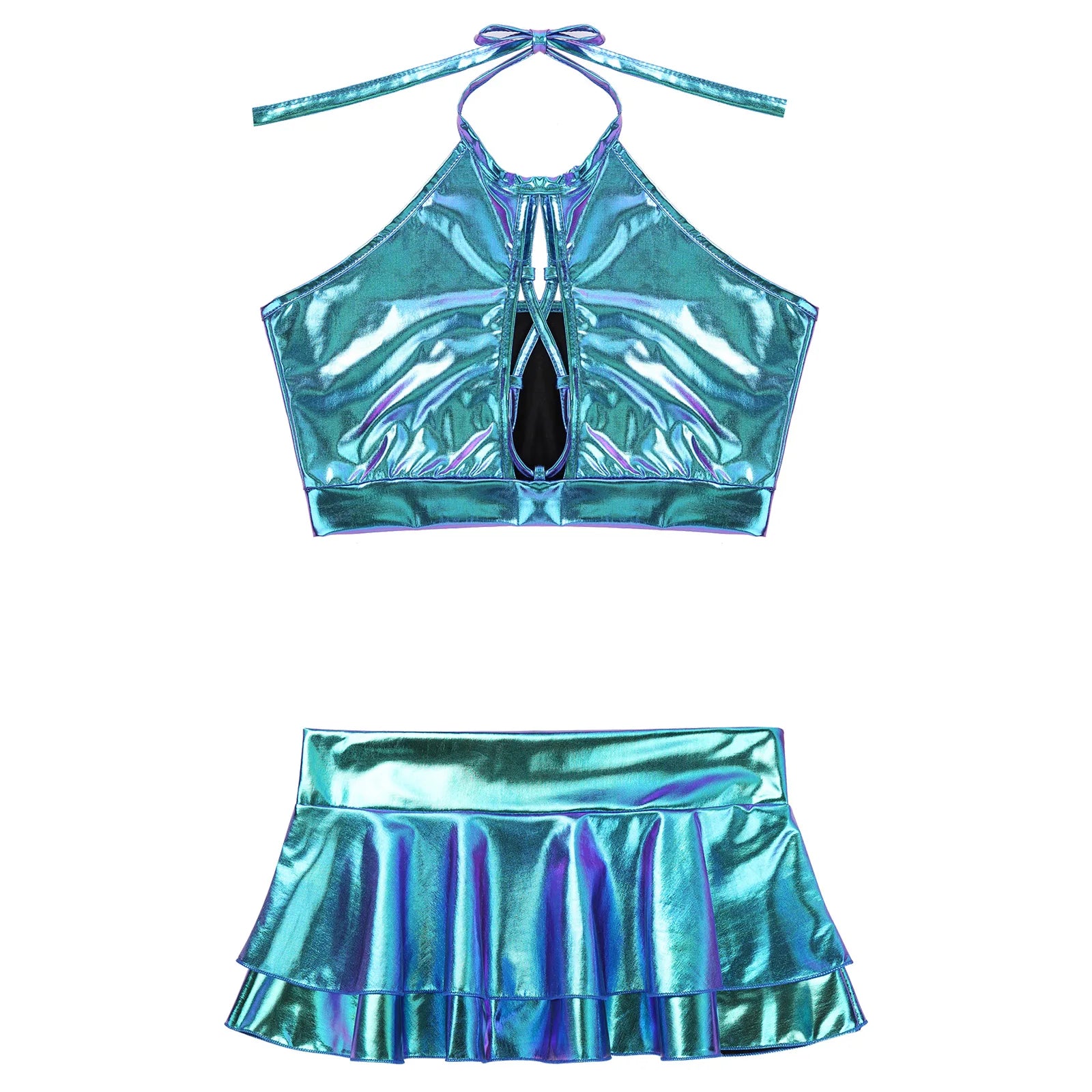 Two Piece Shiny Metallic Rave  Crop Top Bra Vest