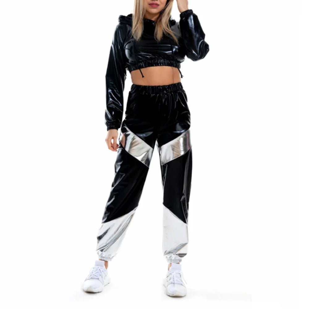 Shiny Crop Top Hoodie Metallic Casual trousers
