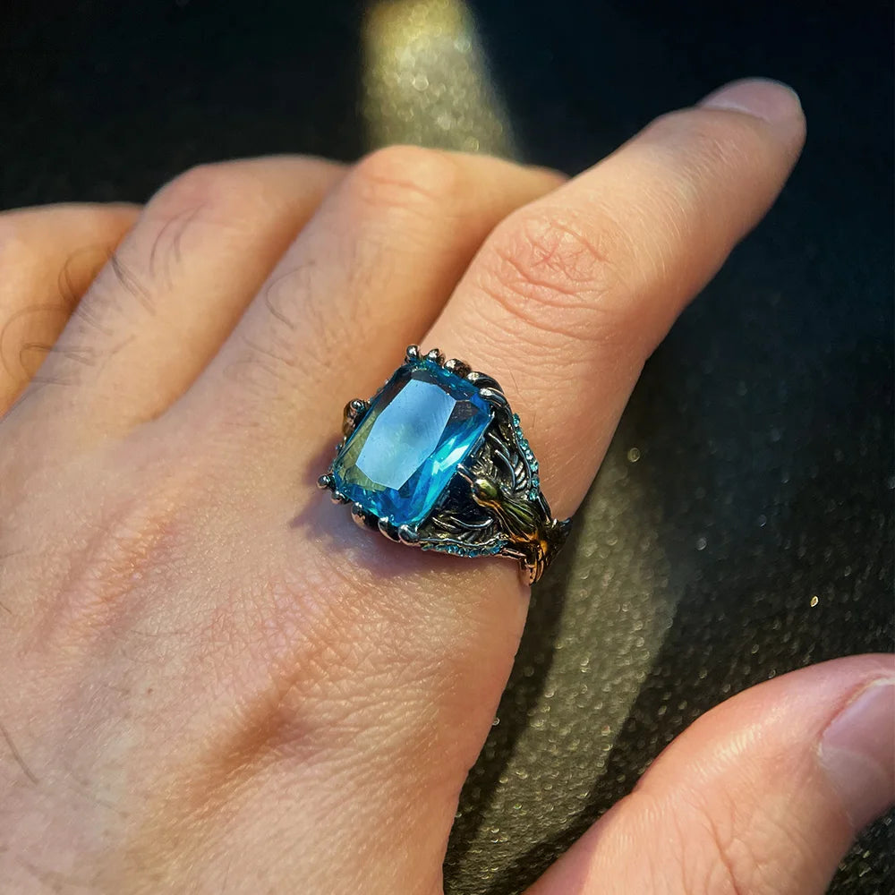 Retro Dragon Claw Golden Eagle Blue Gem Ring