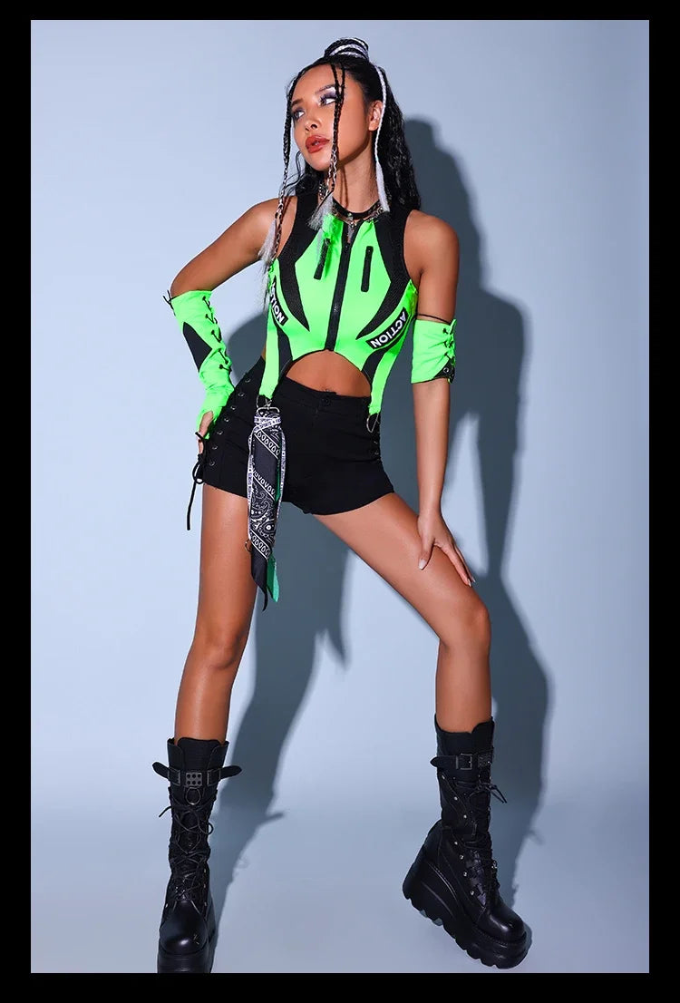 Fluorescent Green/yellow Tops Black Shorts Outfits