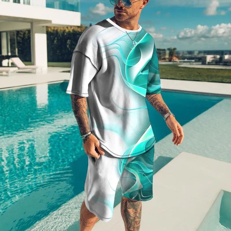 3D Short Sleeve Loose Casual Colorful Line Printing suit