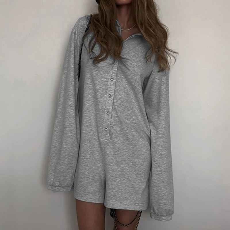 Grey Loose Rompers Fashion Button Up Full Sleeve suit