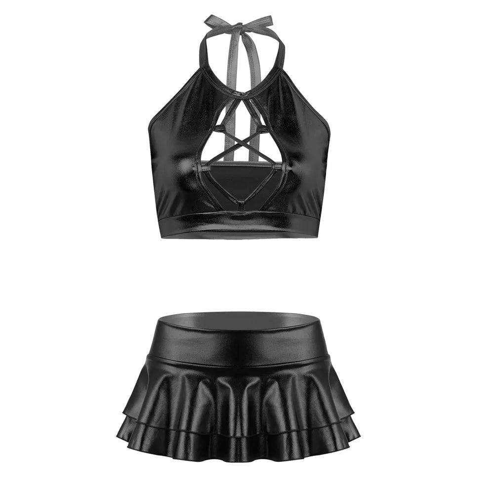 Two Piece Shiny Metallic Rave  Crop Top Bra Vest