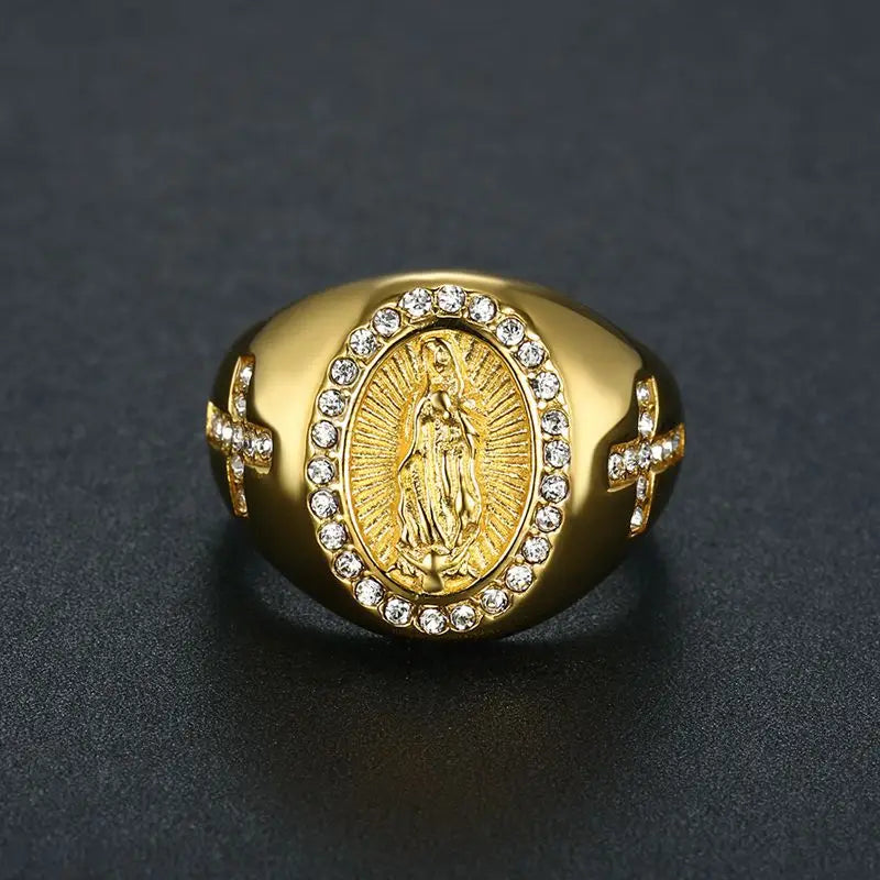 Men's Gold Plated color Cubic Zirconia Virgin Mary Religious Ring