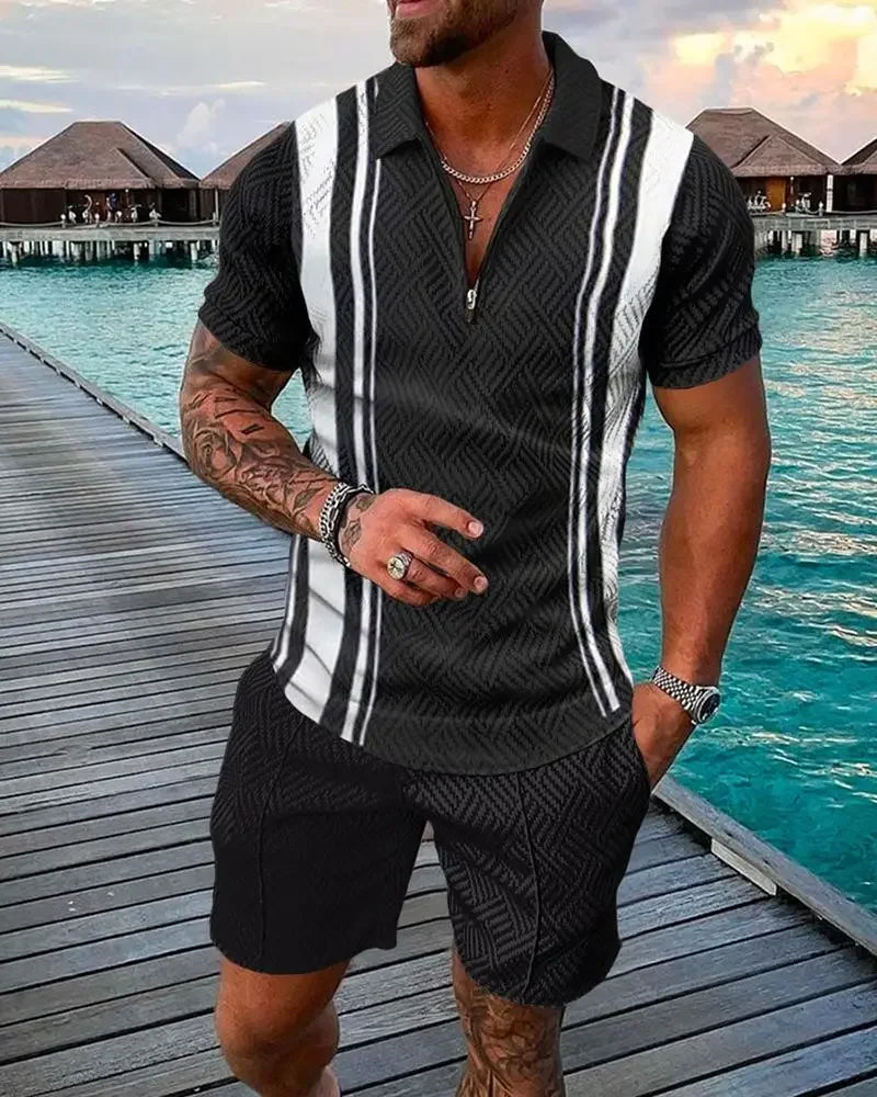 Trend Plaid Stripes Print Casual  Polo Shirt & Shorts