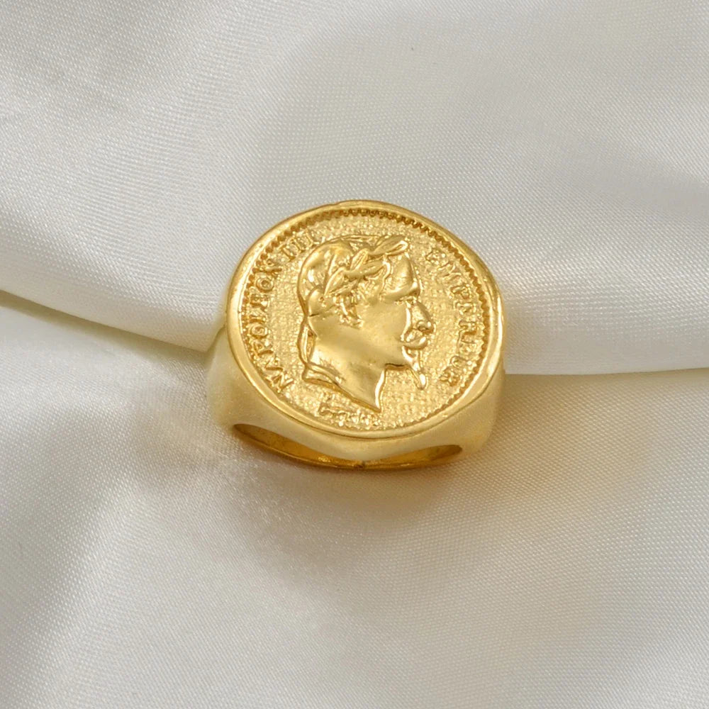 Anniyo Napoleon III Emperor Coin Ring Gold Plated