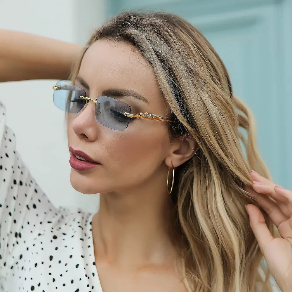 Rimless Rectangle Vintage Metal Leopard Head Sunglasses
