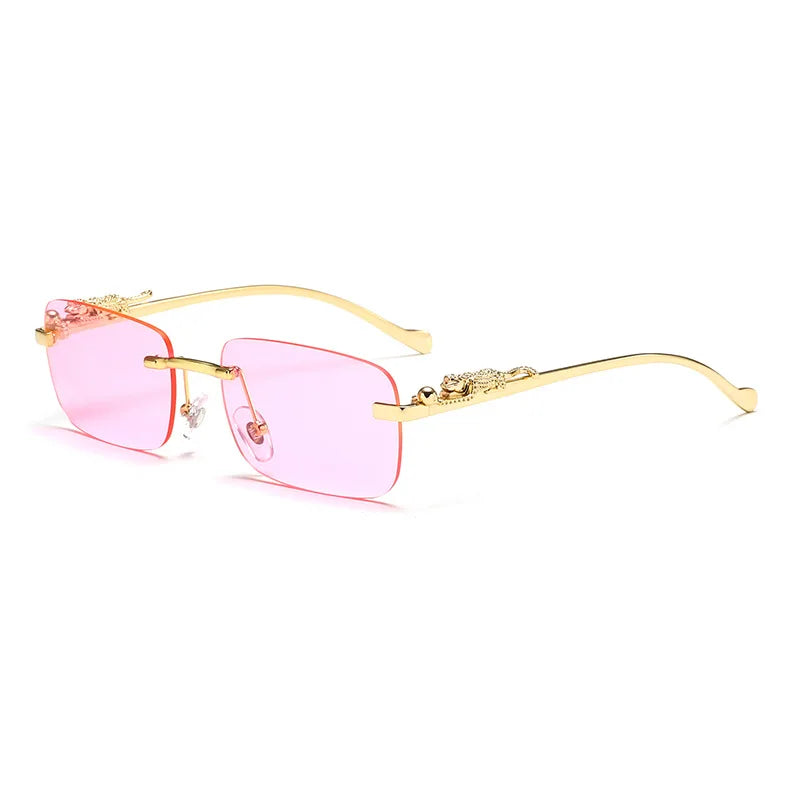 Rimless Rectangle Vintage Metal Leopard Head Sunglasses