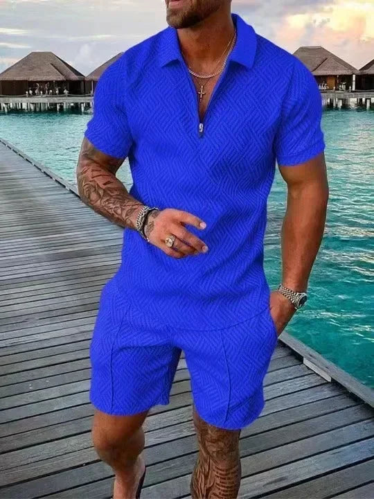 V-neck Zipper Short Sleeve POLO Shirt & Shorts