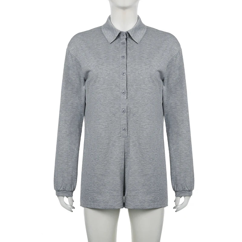 Grey Loose Rompers Fashion Button Up Full Sleeve suit