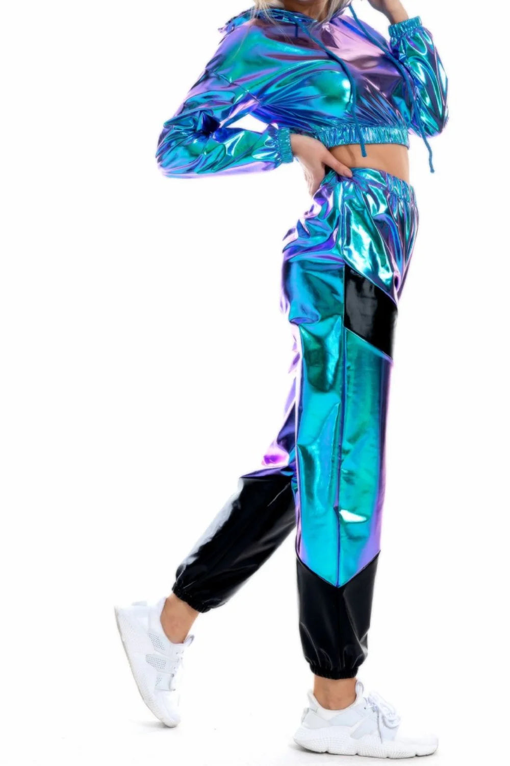 Shiny Crop Top Hoodie Metallic Casual trousers