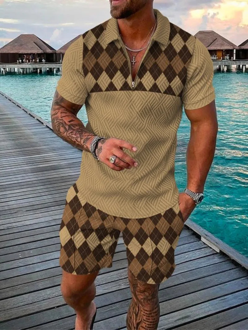 Trend Plaid Stripes Print Casual  Polo Shirt & Shorts