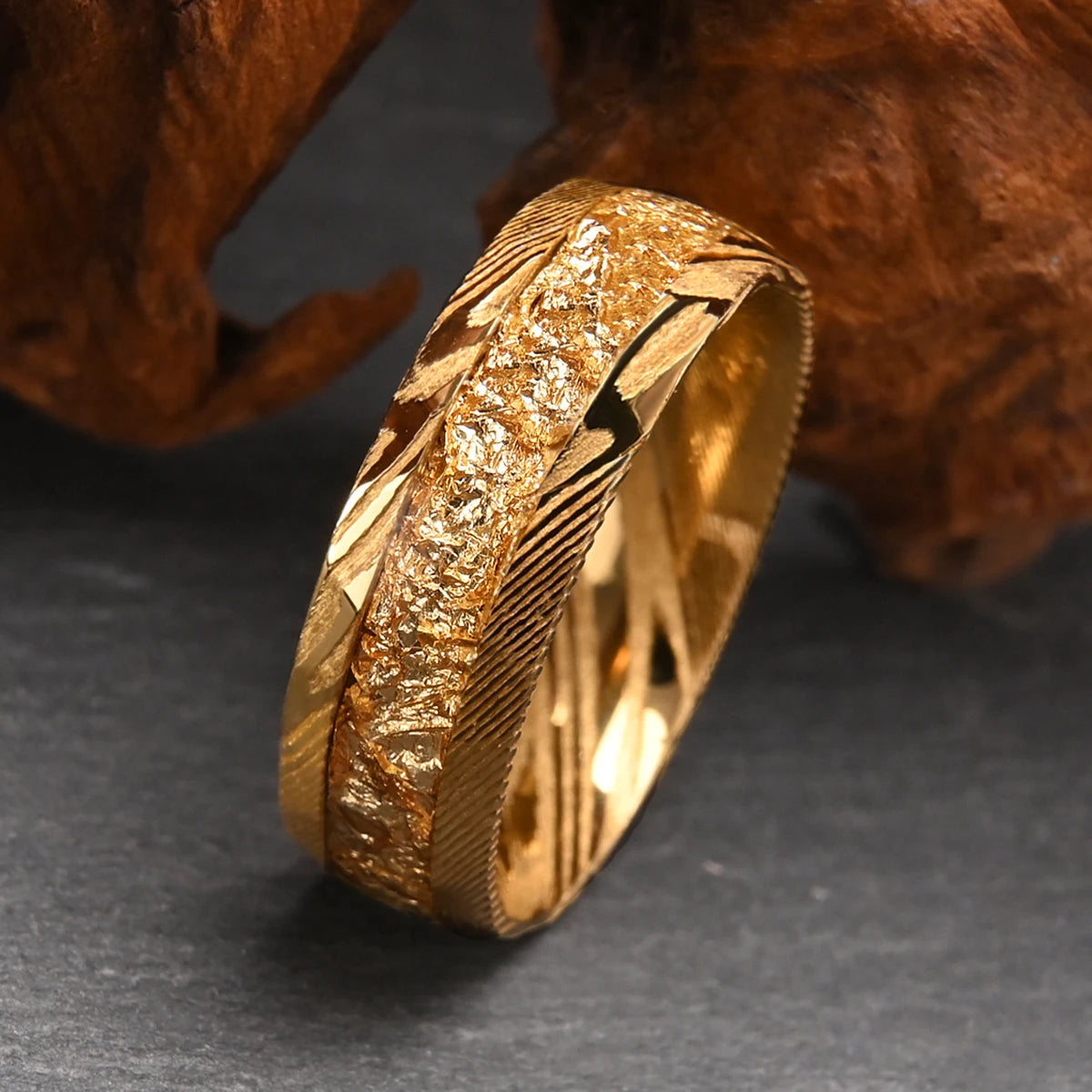 18K Gold Plated luxury Damascus steel inlaid with golden foil wedding ring