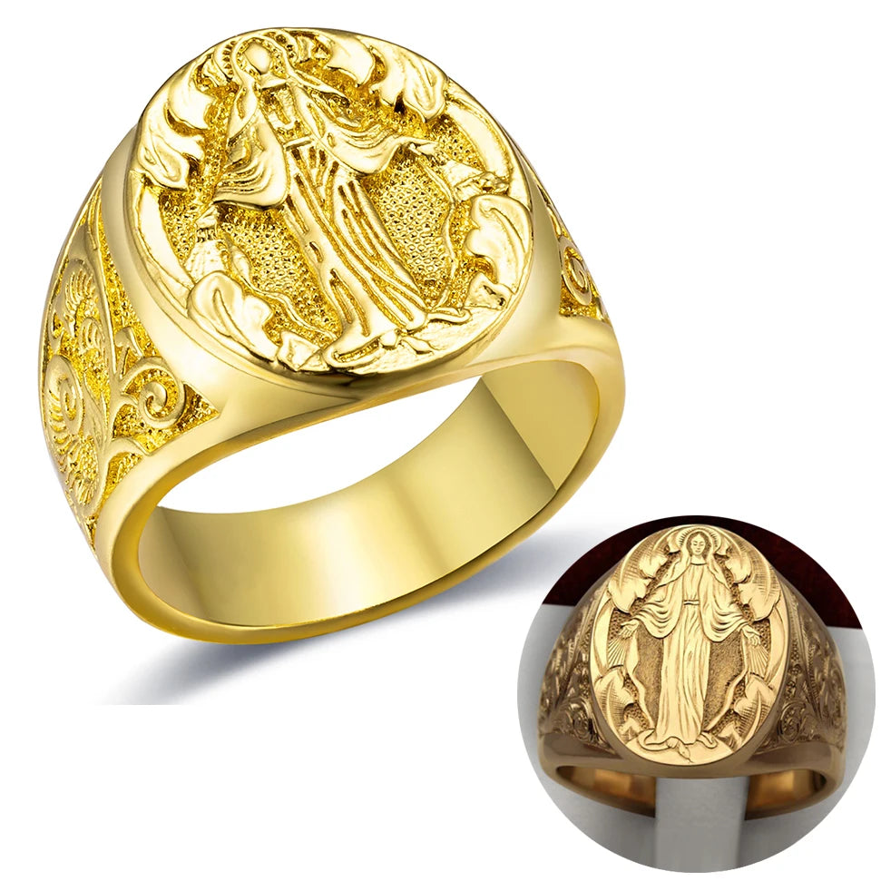 18K Gold Plated Virgin Mary Handmade Carved Religious Rings