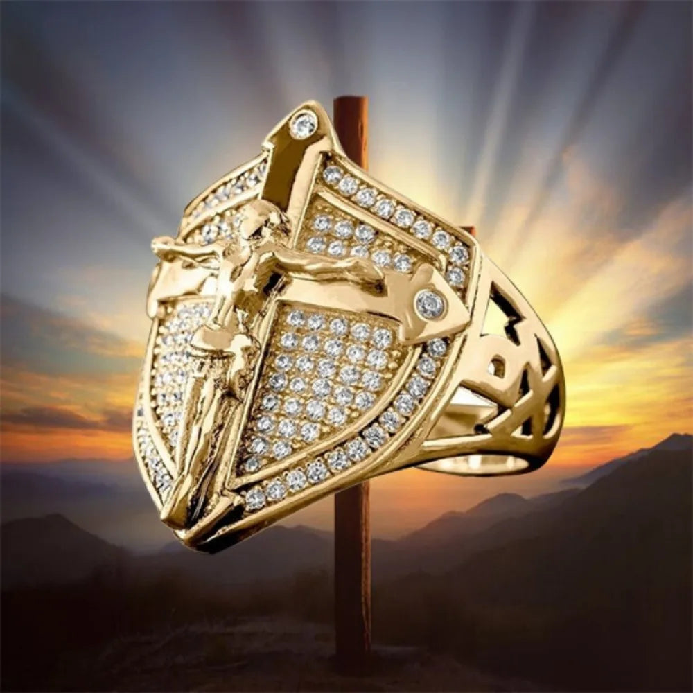 Golden Jesus Cross Shield Ring