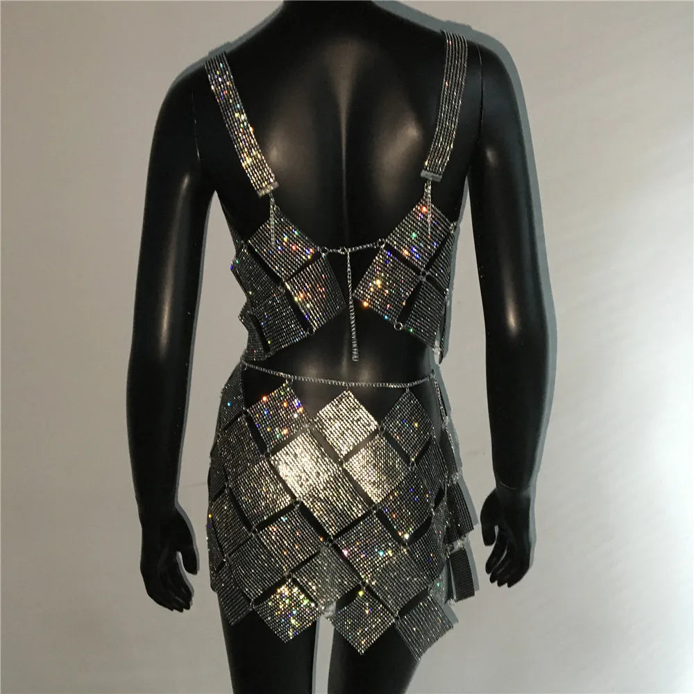 Shiny Crystal Rhinestone  Tank Tops Mini Skirt