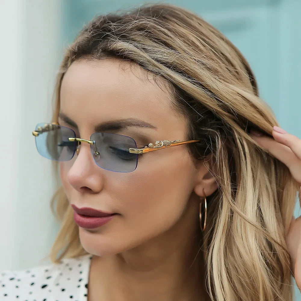 Rimless Rectangle Vintage Metal Leopard Head Sunglasses