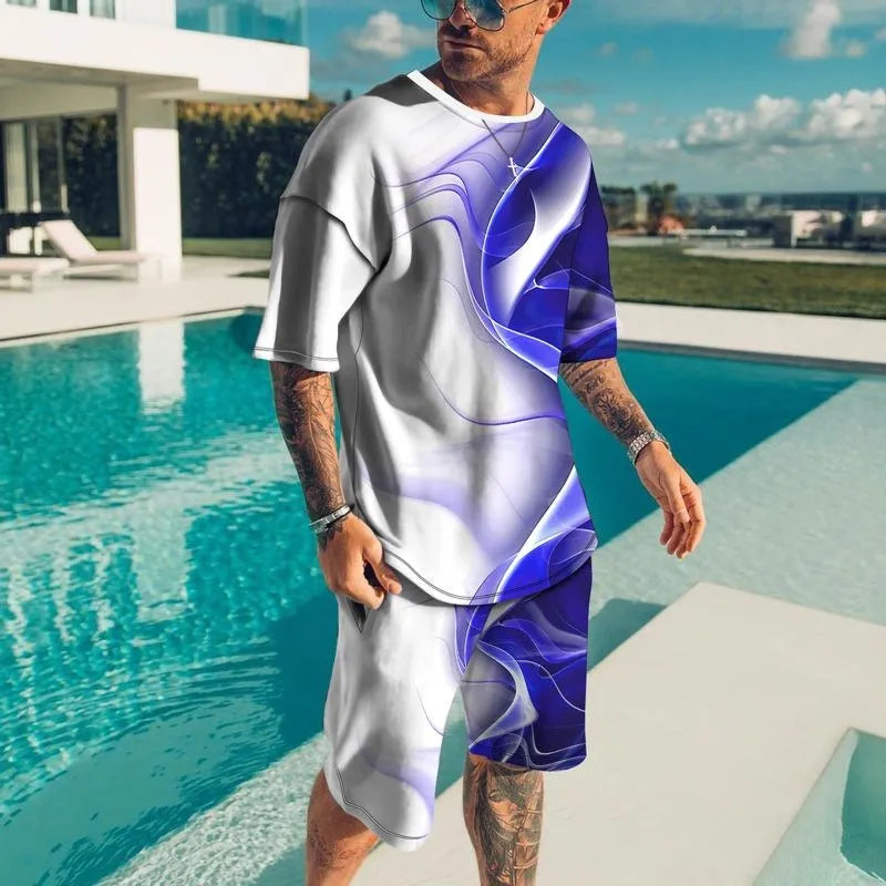 3D Short Sleeve Loose Casual Colorful Line Printing suit