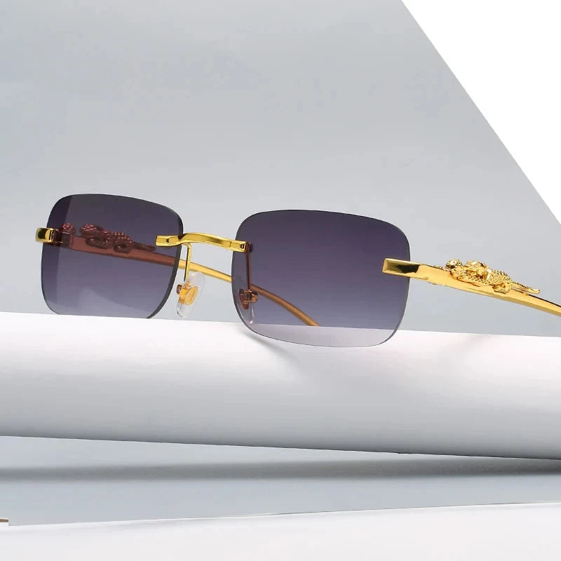 Rimless Rectangle Vintage Metal Leopard Head Sunglasses