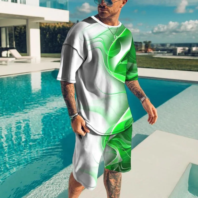 3D Short Sleeve Loose Casual Colorful Line Printing suit