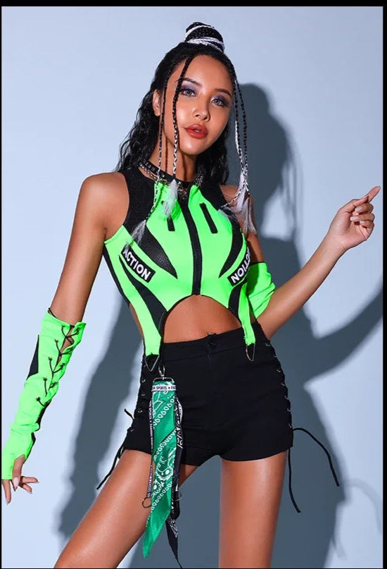 Fluorescent Green/yellow Tops Black Shorts Outfits