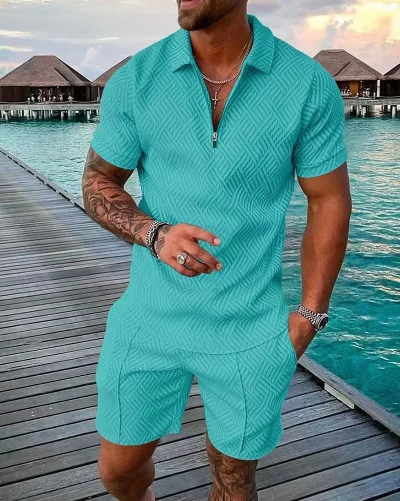 V-neck Zipper Short Sleeve POLO Shirt & Shorts